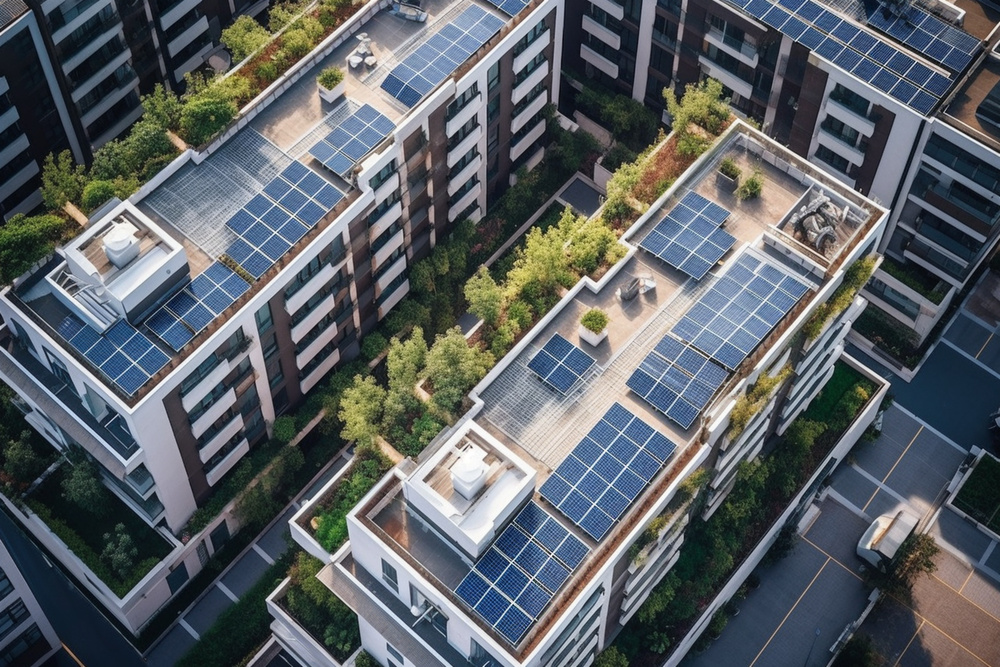 Aerial view of the solar system used to generate electricity, sustainable urban planning with renewable energy. Ai generative